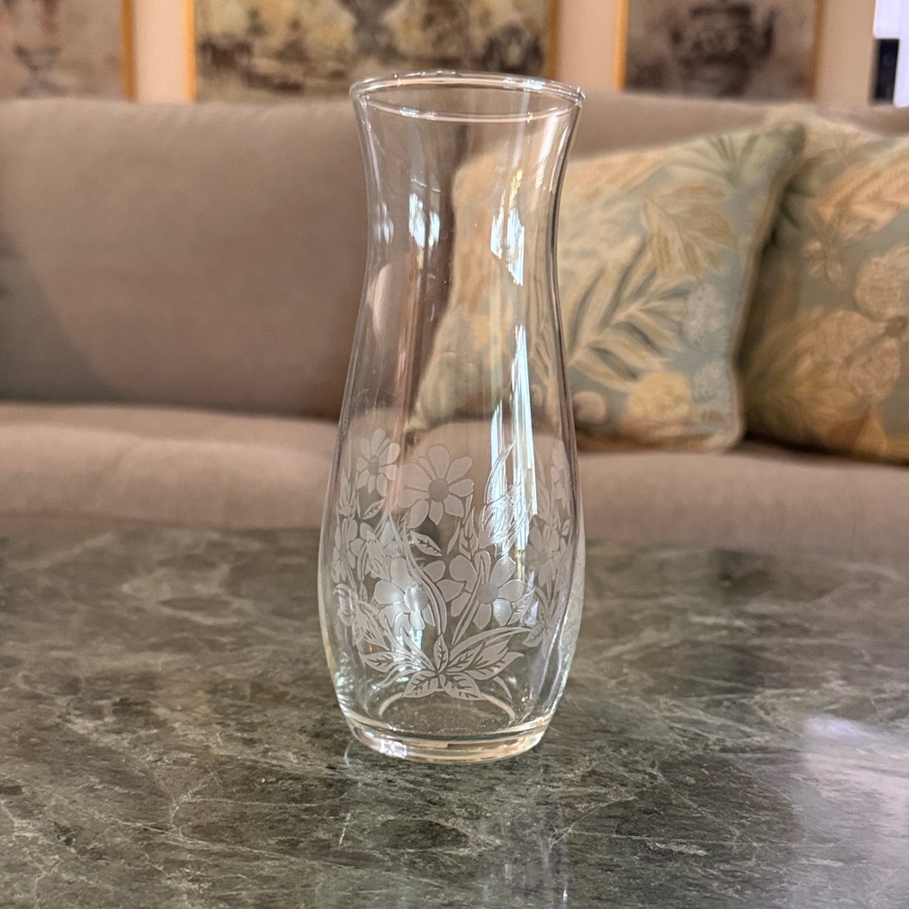 Clear Etched Glass Bud Vase - Floral Design 7 Inch Tall